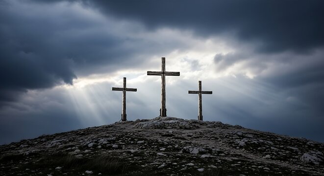 Three crosses stand on a rocky hill under dramatic cloudy sky.