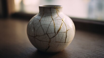 Restored ceramic vase with golden repair lines in kintsugi style, soft window light. event programs, museum guides, designed for cultural heritage projects and event programs.