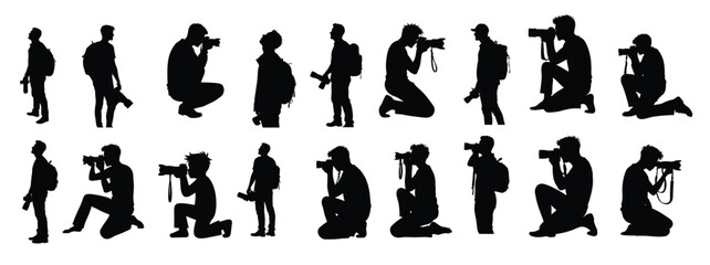 Male photographers with cameras and backpacks in various poses
