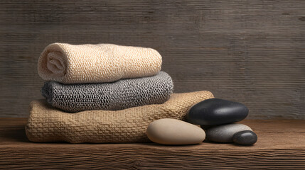 Zen spa scene: Three rolled towels and polished stones, inviting rest and relaxation in an intimate space, creating a sense of natural serenity.