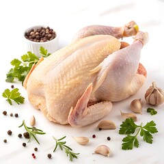 Raw Chicken with Herbs and Spices on White Background