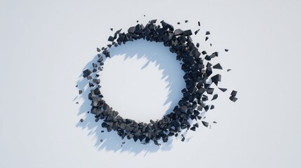 A complete circle breaking into irregular fragments, geometric decomposition process. STEM education sheets.