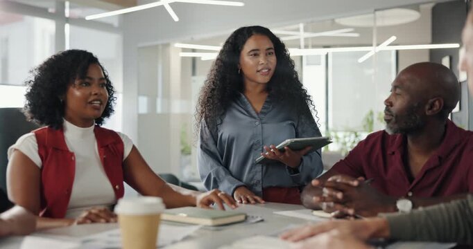 Business, meeting or people in office with tablet, operations update or conversation on company growth. Teamwork, discussion or employees with tech, cooperation or feedback in performance review