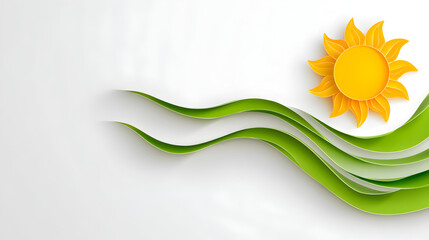 Sunny paper craft design:  A refreshing paper craft illustration that embodies the sunny, bright day with a happy, smiling sun, bright yellow and a wave of green paper cut to create a vibrant scene.