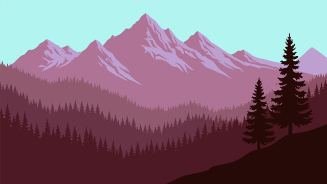 Stylized mountainous landscape vector illustration with layered pine forests and majestic purple peaks under a serene sky, perfect for nature-themed designs