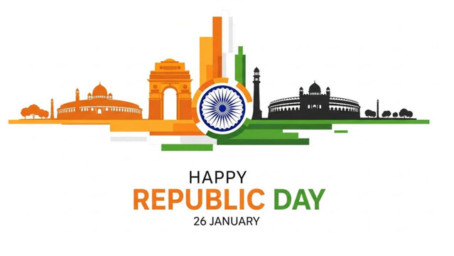Indian landmarks skyline illustration representing Republic Day celebration with national flag colors ideal for graphic design and patriotic themes