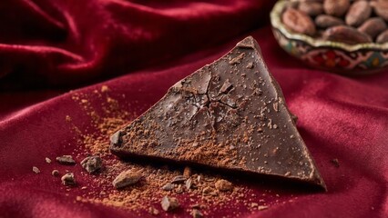 Rich Dark Chocolate on Velvet Background Cocoa Powder Red Velvet Chocolate Piece. Concept featuring dark chocolate, cocoa powder, red velvet, chocolate piece, dessert.