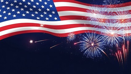 American Flag Waving Fireworks Display Night Sky