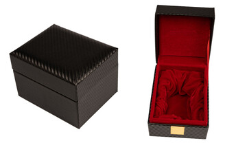 Black empty box covered with red velvet isolated on a white background.