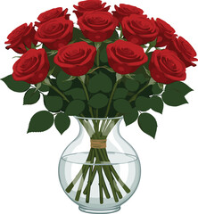 Obraz premium Large Elegant Red Rose Bouquet in Glass Vase with Water and Green Leaves Isolated on White Background for Romantic Floral Greeting Cards