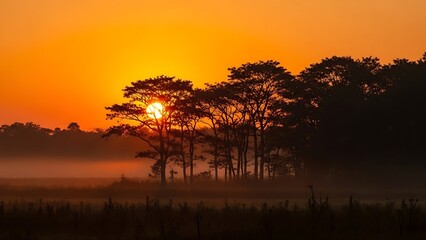 sunrise forest silhouettes with glowing mist layers
