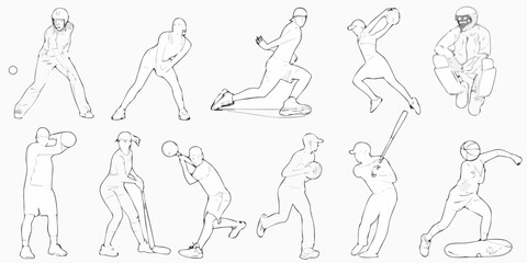 Sketch depictions of cricket players in various action poses and fielding positions