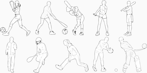 Line art illustration depicting diverse athletic poses of baseball and cricket players
