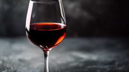 Red wine in elegant goblet glass, rich burgundy liquid, sophisticated dining atmosphere. bar promotions, beverage menus, designed for food & beverage menus and cafe branding.