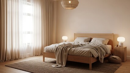 beige bedding bedroom with soft lamp glow