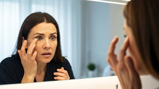 Concerned woman checks face for wrinkles in bathroom mirror