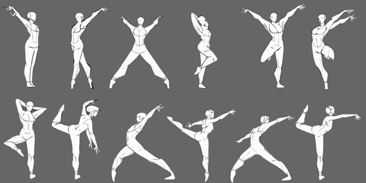 Dynamic figure drawing poses a collection of stylized human forms in motion