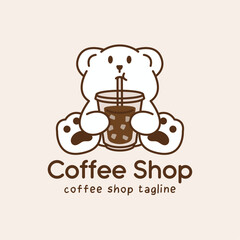 Cute bear mascot sitting comfortably and holding iced coffee cup with straw. Friendly minimalist character for modern cafe branding and merchandise.