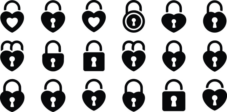 Collection of heart-shaped and standard padlock icons in black silhouettes