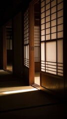 Fototapeta premium Traditional Japanese Room with Sliding Doors Japanese Architecture Interior Design Serene. Concept featuring japanese architecture, sliding doors, interior design, traditional, serene.