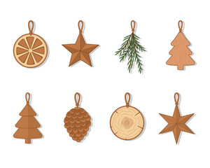 Handmade Wooden Christmas Ornaments Set with Star Tree Pinecone and Orange Slice