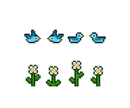A set of pixel art game asset sprites featuring a blue flying bird in four animation frames and white wildflowers with green stems. This retro 8-bit asset pack is for platformer game environments 