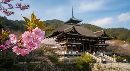 Fototapeta premium Blooming cherry blossoms frame a traditional building on a clear day.