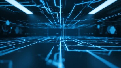 Futuristic glowing blue lines forming a complex digital circuit board tunnel or data network - Powered by Adobe