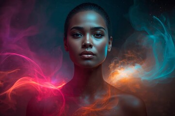 Futuristic Portrait of a Young Woman with Digital Energy Waves