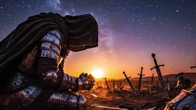 Solitary Medieval Knight Kneeling in Prayer on Battlefield at Sunset
