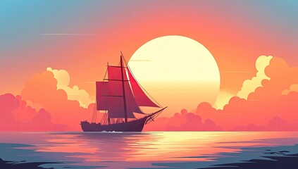 Red-sailed ship silhouetted by setting sun, calm sea