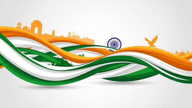 Indian flag colors wave with iconic landmarks and eagle silhouette representing national pride and independence for India