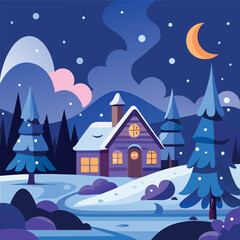 Naklejka premium A cozy winter night illustration with a small cabin glowing warmly in the snow, pine trees around it, mountains in the background, a crescent moon and stars in a deep blue sky, flat vector style, soft