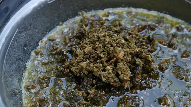 Boiling Cannabis in Butter Double Boiler: Marijuana Infusion Cooking Process Bubbles Steam Cannabutter Making Method
