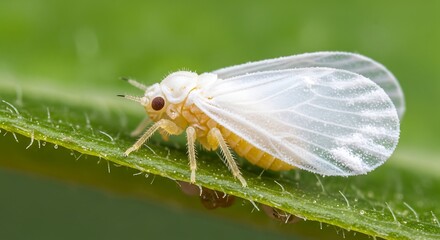 Small white winged insect rests on a fuzzy green leaf.