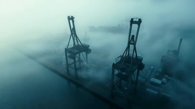 Foggy industrial harbor scene with tall cargo cranes emerging through dense mist above dockyard