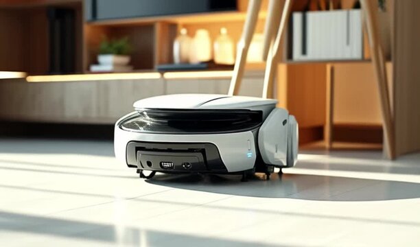 A compact autonomous cleaning robot glides across a bright kitchen floor, simplifying daily chores 4K HD Video