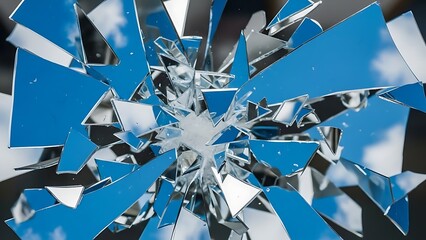 Abstract image of shattered mirror pieces reflecting a clear blue sky, creating a dynamic and fragmented visual effect.