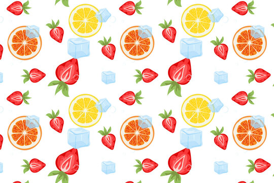 Refreshing seamless pattern featuring vibrant citrus slices, strawberries, and cool ice cubes on a white background. Perfect for summer themes, fresh juice packaging, and textile prints.