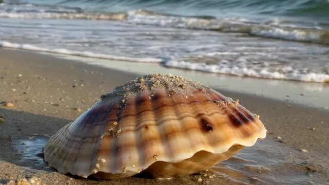 The tide pushes the seashells gently onto the shore, with tiny grains of sand sticking to their surfaces