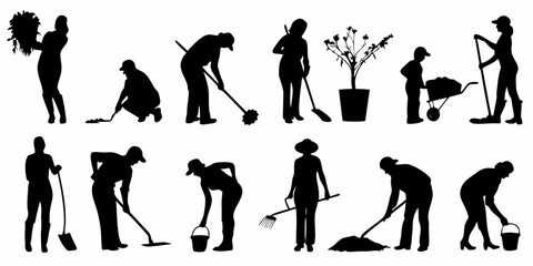Silhouettes of people engaged in various gardening and cleaning activities