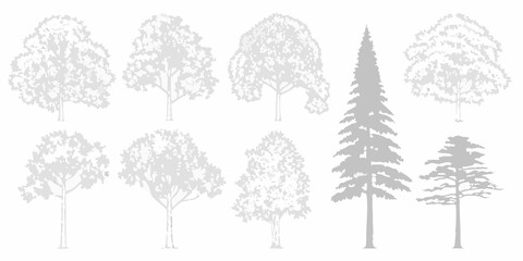 Collection of various tree silhouettes in grayscale showcasing different shapes © Amrito