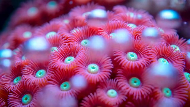 Close up macro view of colorful coral polyps with circular shapes and glowing centers underwater