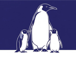 Penguin Family Illustration with Adult and Two Chicks on Dark Blue Background