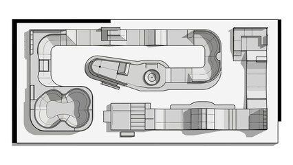 Obraz premium Top-down architectural drawing of a complex skatepark design featuring various ramps, bowls, rails, and obstacles for skateboarding and BMX.