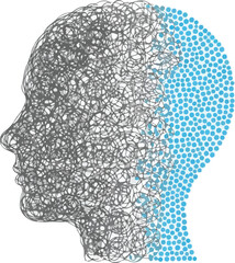 Abstract Human Head Profile with Tangled Lines and Blue Dots. Mental Health Concept Vector.