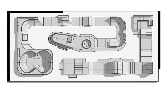 Top-down architectural drawing of a complex skatepark design featuring various ramps, bowls, rails, and obstacles for skateboarding and BMX.