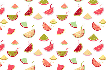 Obraz premium Cute seamless pattern with hand-drawn watermelon slices and refreshing summer drinks on a white background.