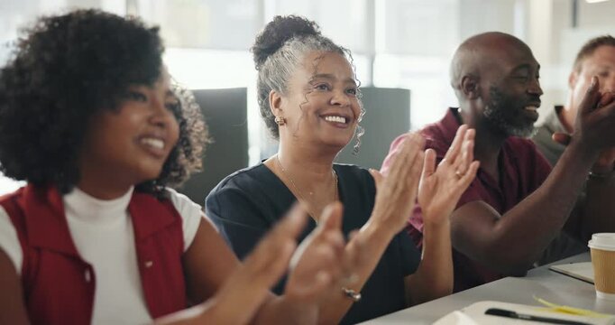Business, clap or team in office with good news, positive results or approval of project proposal. Smile, people or employees in agency with applause, company victory or success in growth opportunity