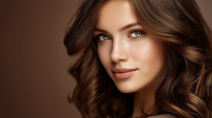 Fototapeta premium Beautiful woman with flawless makeup and stylish hair, professional beauty salon advertising, hairdresser and cosmetic studio services, facial feature enhancement, with copy space